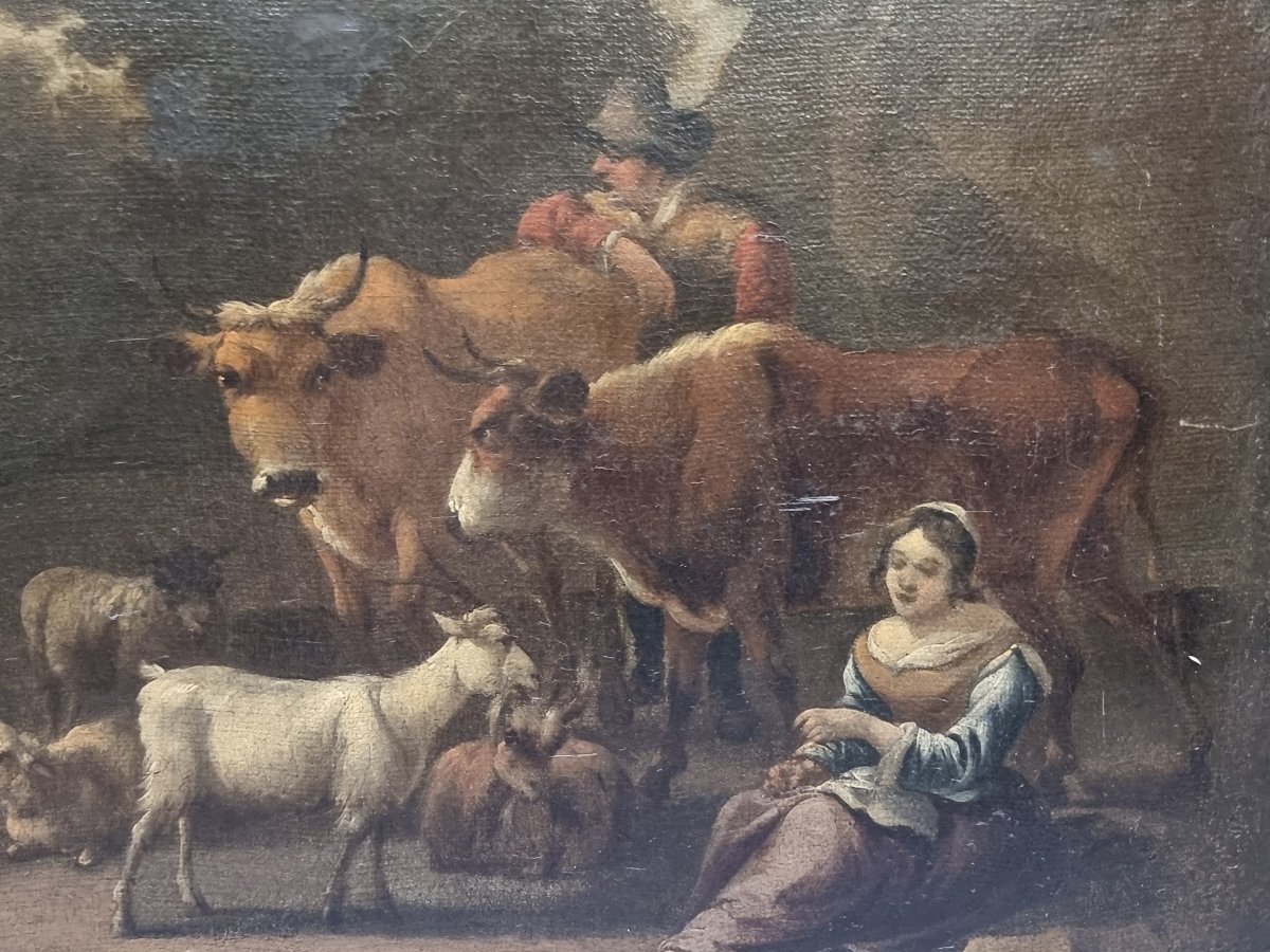 OLIO SU TELA - PAESAGGIO CON ANIMALI E PERSONAGGI - FIAMMINGO - Seconda metà XVII secolo-photo-2