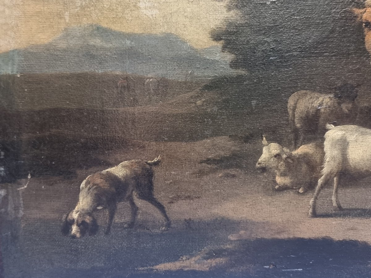 OLIO SU TELA - PAESAGGIO CON ANIMALI E PERSONAGGI - FIAMMINGO - Seconda metà XVII secolo-photo-3