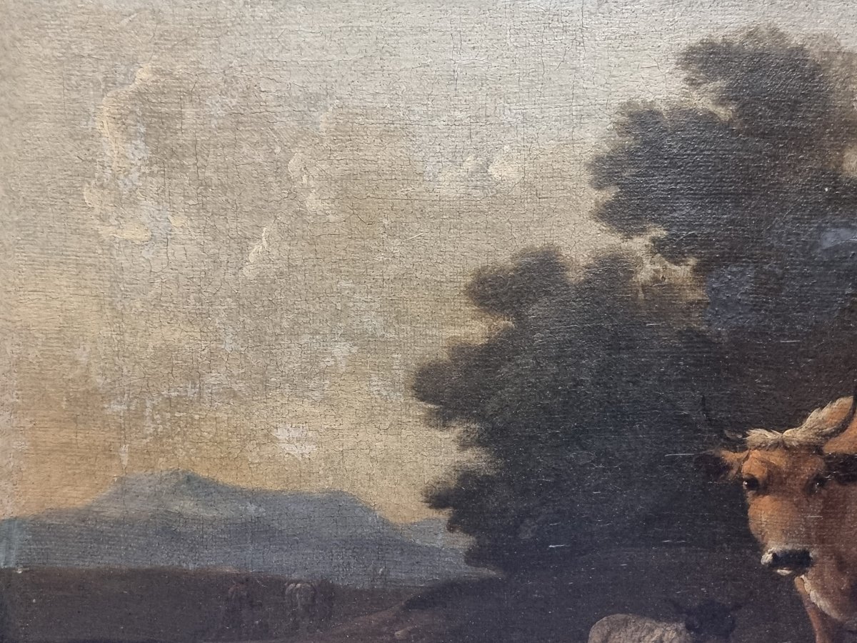 OLIO SU TELA - PAESAGGIO CON ANIMALI E PERSONAGGI - FIAMMINGO - Seconda metà XVII secolo-photo-4