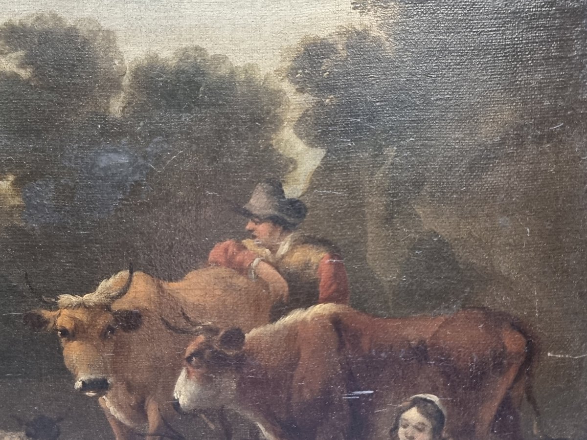 OLIO SU TELA - PAESAGGIO CON ANIMALI E PERSONAGGI - FIAMMINGO - Seconda metà XVII secolo-photo-1