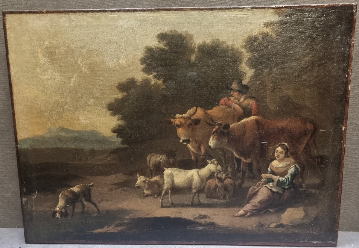 OLIO SU TELA - PAESAGGIO CON ANIMALI E PERSONAGGI - FIAMMINGO - Seconda metà XVII secolo