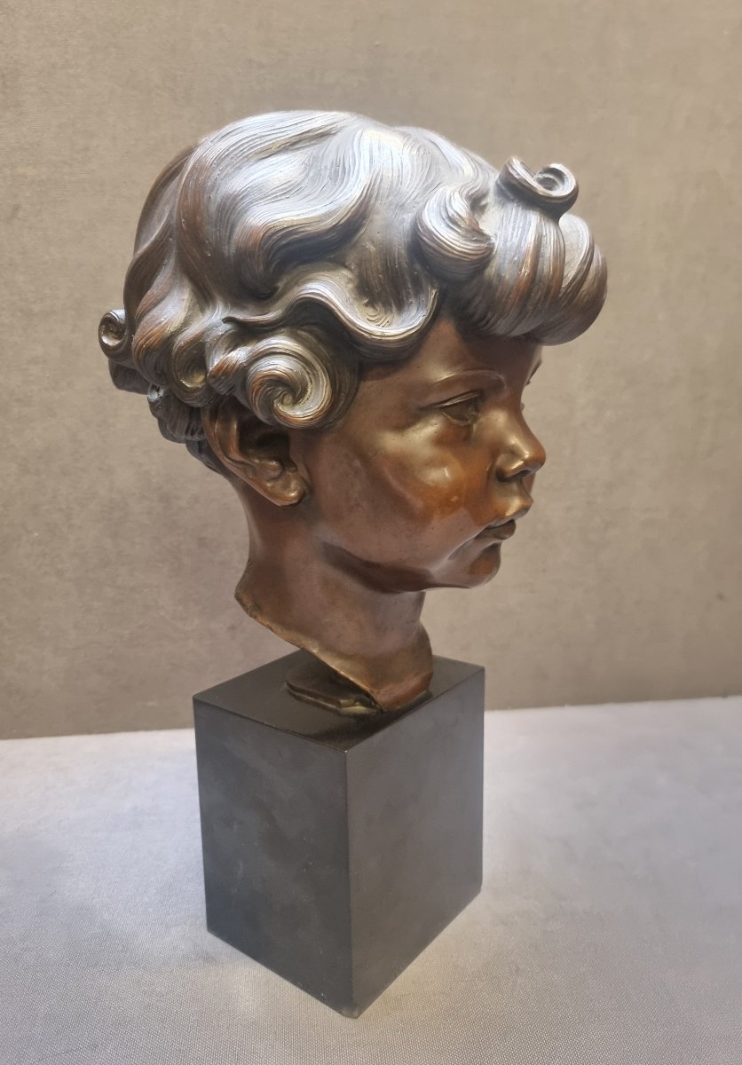 SCULTURA IN BRONZO SU BASE MARMO (NERO DEL BELGIO) - BUSTO RAGAZZO CORRADO CORELLI (1884-1968)-photo-2