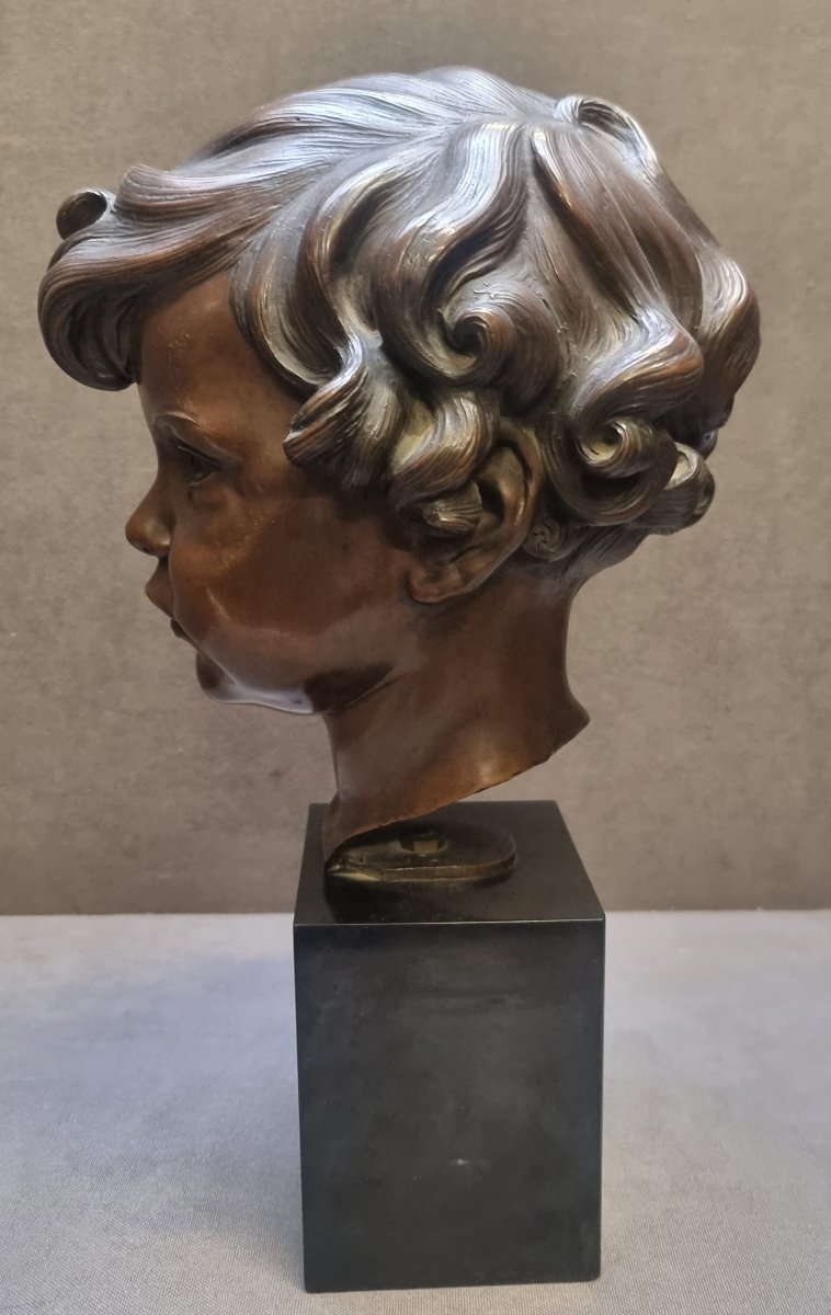 SCULTURA IN BRONZO SU BASE MARMO (NERO DEL BELGIO) - BUSTO RAGAZZO CORRADO CORELLI (1884-1968)-photo-2