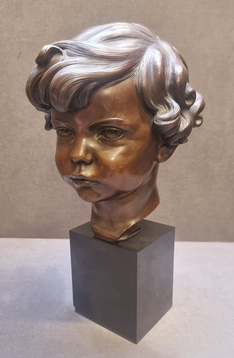 SCULTURA IN BRONZO SU BASE MARMO (NERO DEL BELGIO) - BUSTO RAGAZZO CORRADO CORELLI (1884-1968)-photo-5