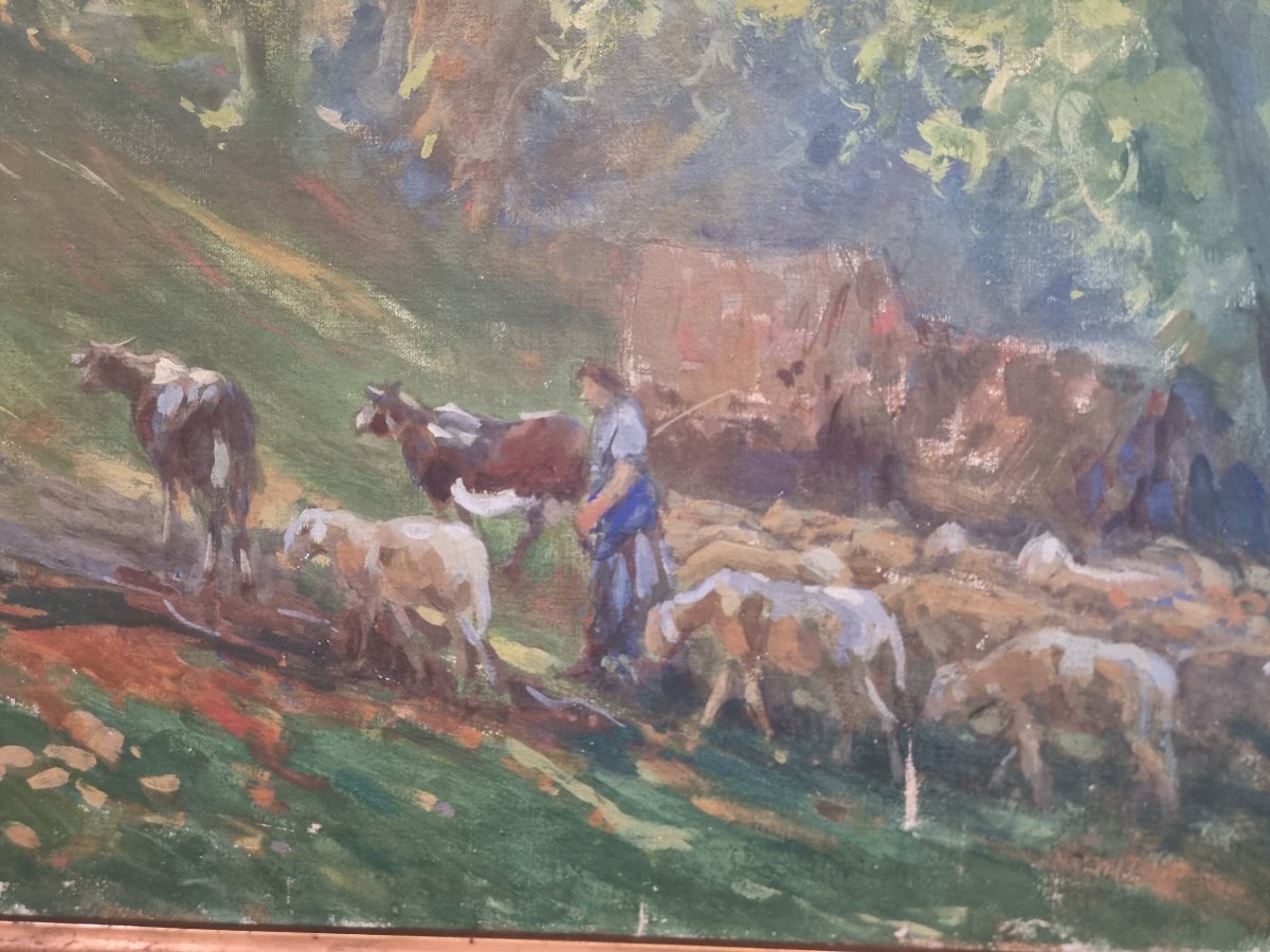 OLIO SU TELA - PAESAGGIO CON ARMENTI - Giuseppe Pennasilico (Napoli 1861 - Genova 1940)-photo-4