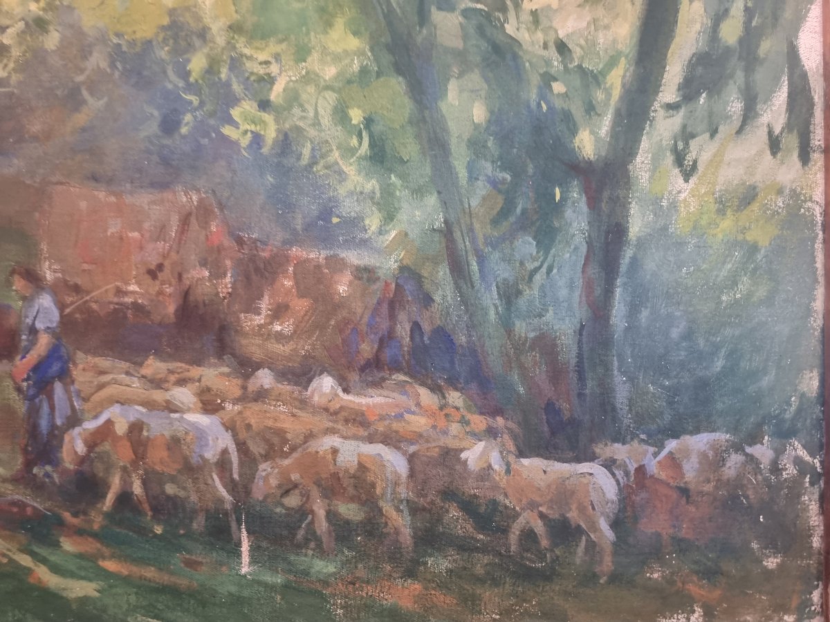 OLIO SU TELA - PAESAGGIO CON ARMENTI - Giuseppe Pennasilico (Napoli 1861 - Genova 1940)-photo-1