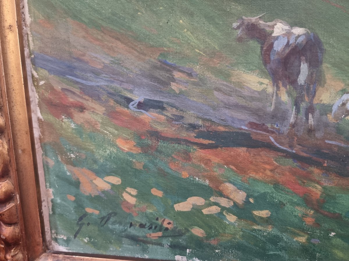 OLIO SU TELA - PAESAGGIO CON ARMENTI - Giuseppe Pennasilico (Napoli 1861 - Genova 1940)-photo-5