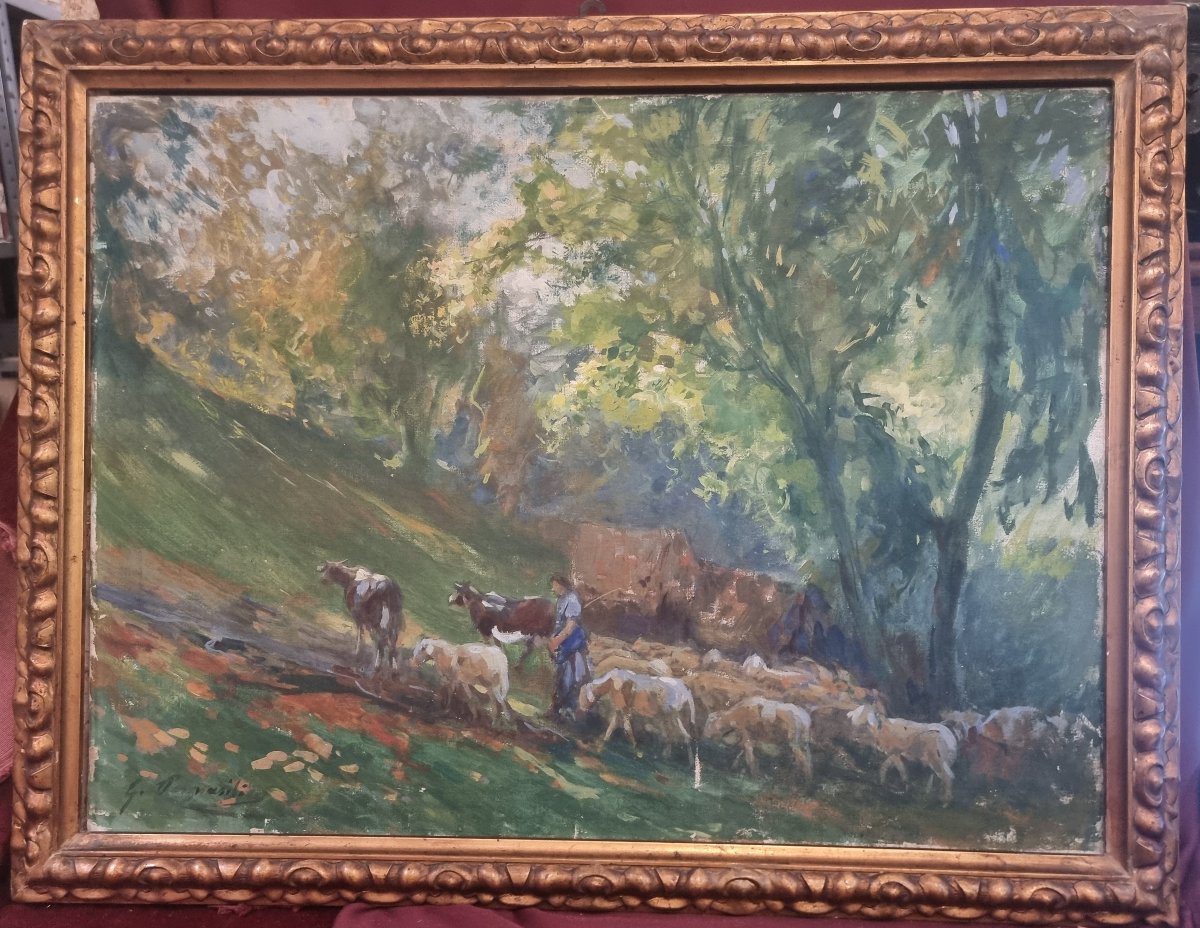 OLIO SU TELA - PAESAGGIO CON ARMENTI - Giuseppe Pennasilico (Napoli 1861 - Genova 1940)