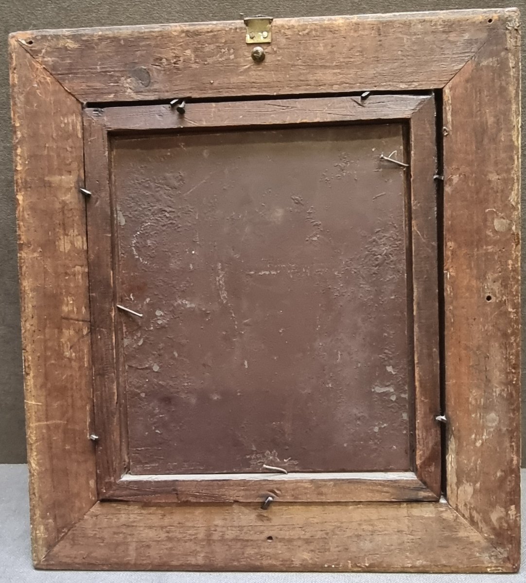 DIPINTO OLIO SU LAMINA DI ZINCO - Fiammingo dell'800 - CORNICE COEVA-photo-3
