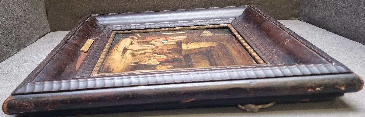 QUADRO OLIO SU TAVOLA - Fiammingo dell'800 - CON CORNICE IN LEGNO INTAGLIATO COEVA-photo-2
