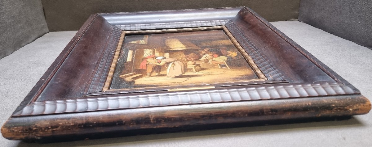 QUADRO OLIO SU TAVOLA - Fiammingo dell'800 - CON CORNICE IN LEGNO INTAGLIATO COEVA-photo-3