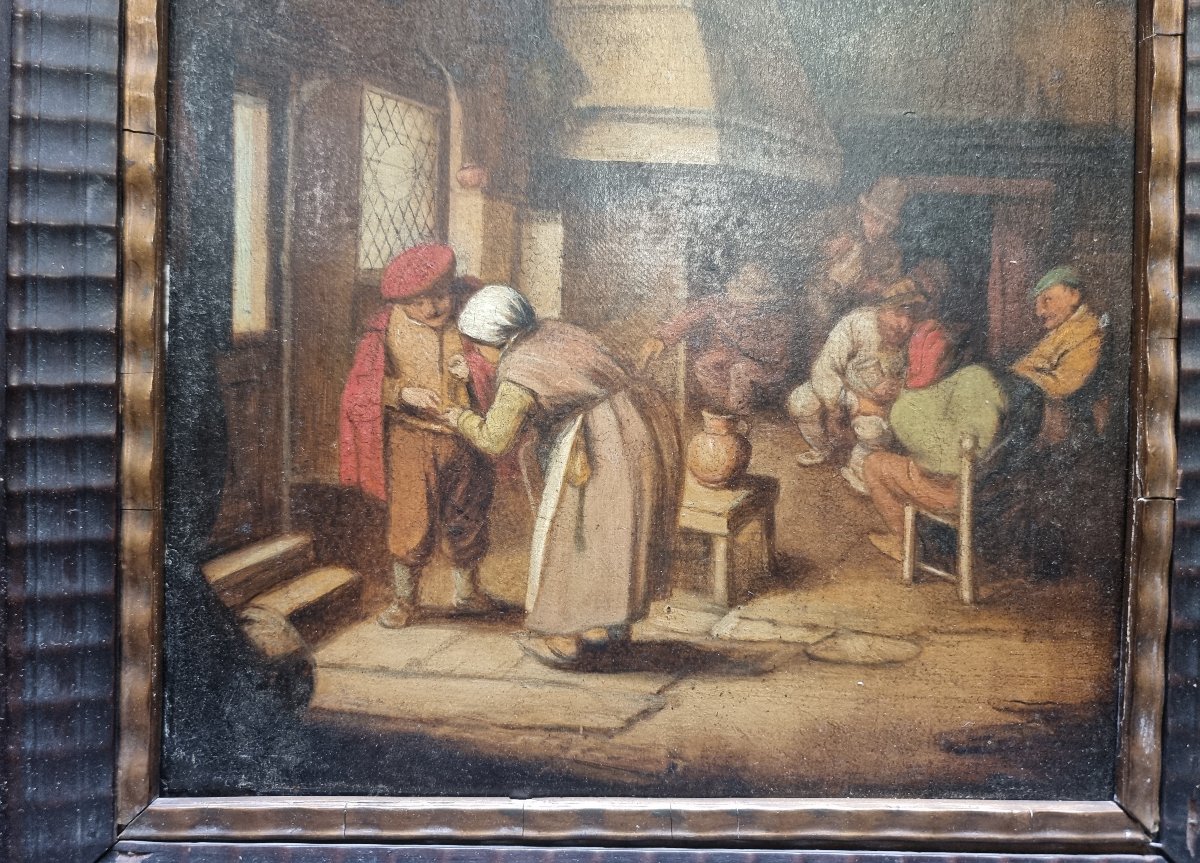 QUADRO OLIO SU TAVOLA - Fiammingo dell'800 - CON CORNICE IN LEGNO INTAGLIATO COEVA-photo-5