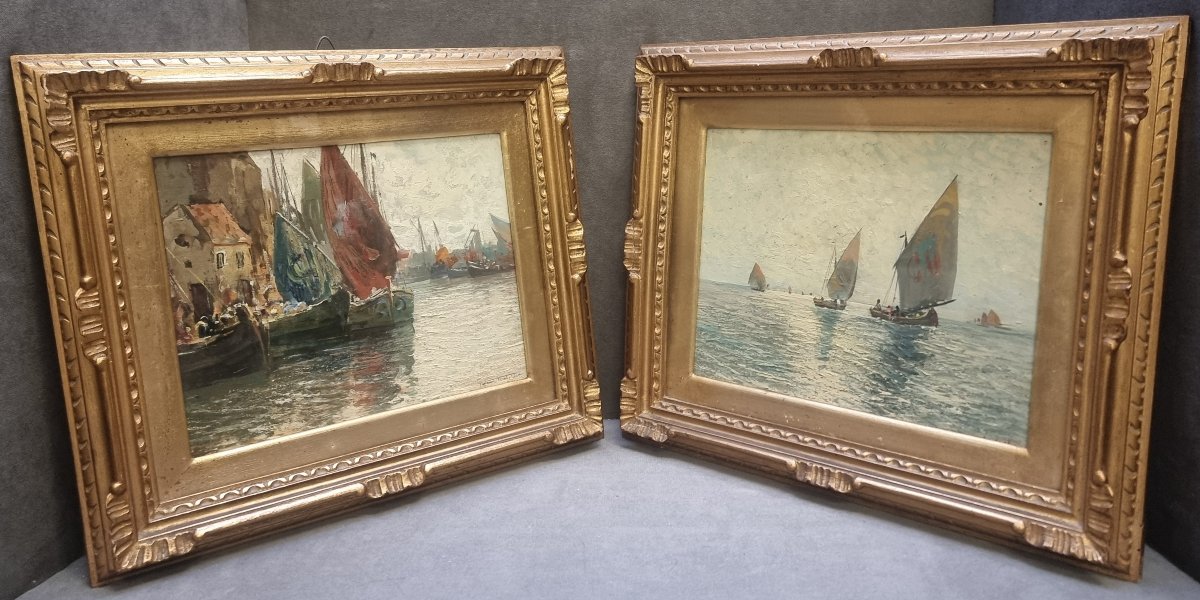 COPPIA QUADRI - OLIO SU COMPENSATO - MARINE - FAUSTO PRATELLA (NAPOLI 1888-1964)