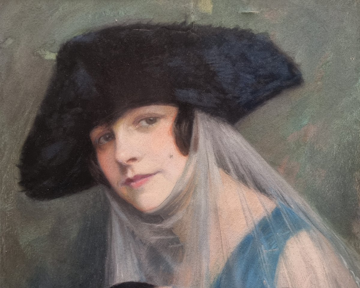 PASTELLO CARTA SU TELA - RITRATTO DONNA IN COSTUME VENEZIANO - JACQUES WIESMANN (1878-1962)-photo-3