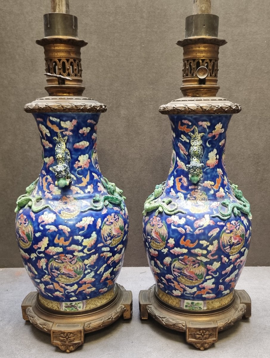 COPPIA LAMPADE DA TAVOLO IN PORCELLANA CINESE e BRONZO DORATO - FRANCIA, NAPOLEONE III -photo-2