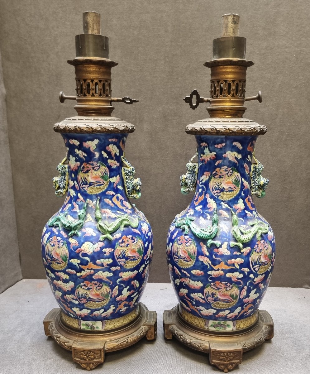 COPPIA LAMPADE DA TAVOLO IN PORCELLANA CINESE e BRONZO DORATO - FRANCIA, NAPOLEONE III -photo-3