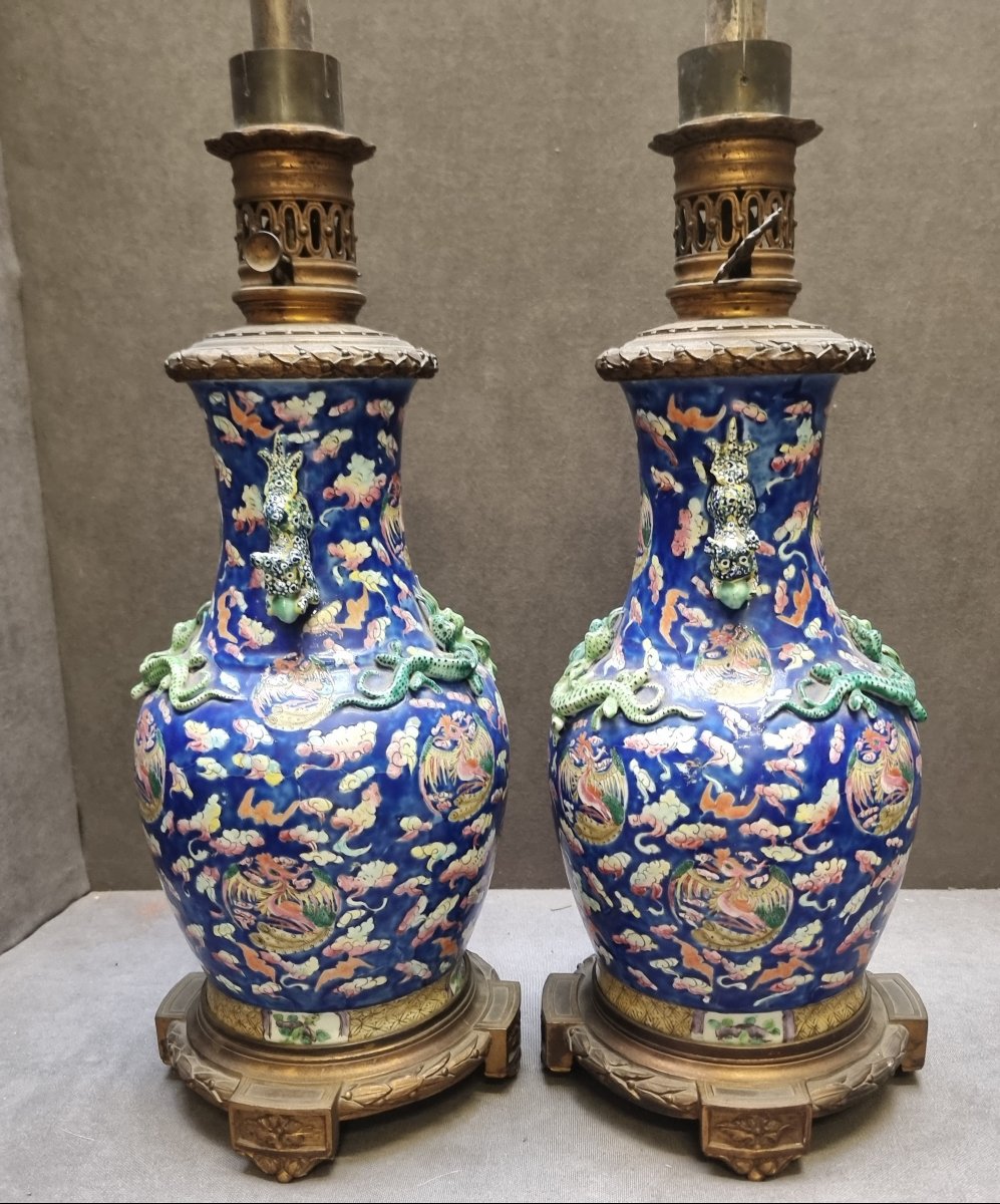 COPPIA LAMPADE DA TAVOLO IN PORCELLANA CINESE e BRONZO DORATO - FRANCIA, NAPOLEONE III -photo-4