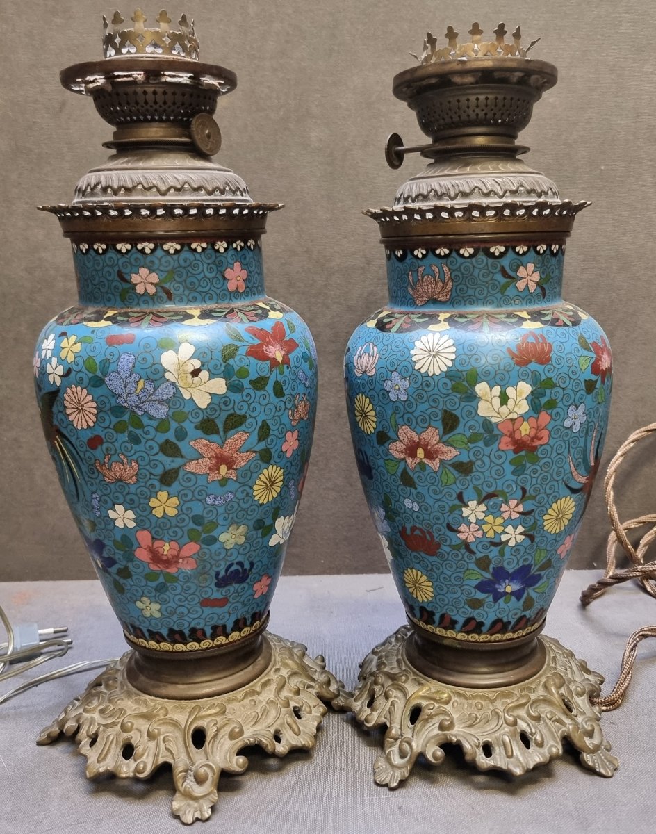 COPPIA LAMPADE DA TAVOLO IN CLOISONNE E BRONZO - FRANCIA, NAPOLEONE III - DELL'800-photo-2