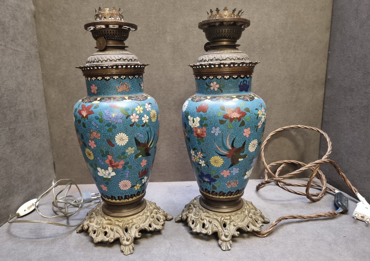 COPPIA LAMPADE DA TAVOLO IN CLOISONNE E BRONZO - FRANCIA, NAPOLEONE III - DELL'800-photo-3