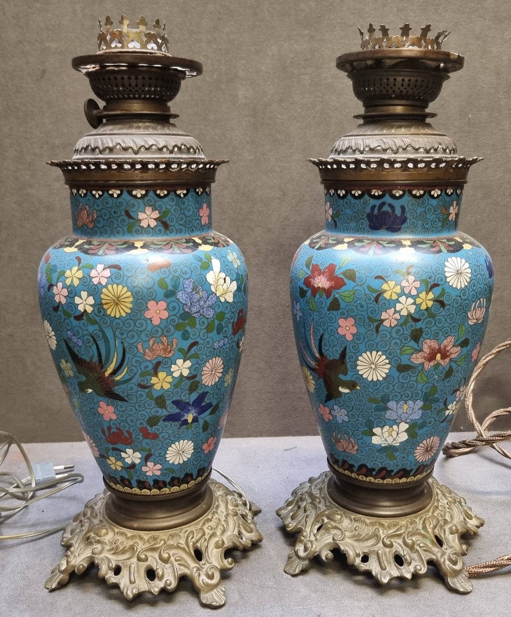 COPPIA LAMPADE DA TAVOLO IN CLOISONNE E BRONZO - FRANCIA, NAPOLEONE III - DELL'800-photo-4