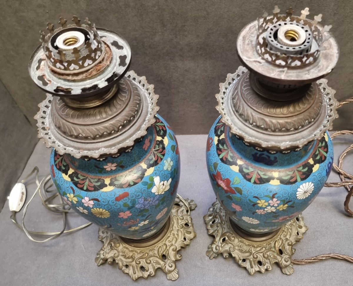 COPPIA LAMPADE DA TAVOLO IN CLOISONNE E BRONZO - FRANCIA, NAPOLEONE III - DELL'800-photo-1