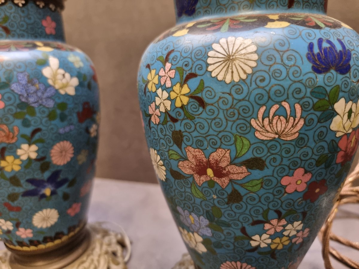 COPPIA LAMPADE DA TAVOLO IN CLOISONNE E BRONZO - FRANCIA, NAPOLEONE III - DELL'800-photo-4