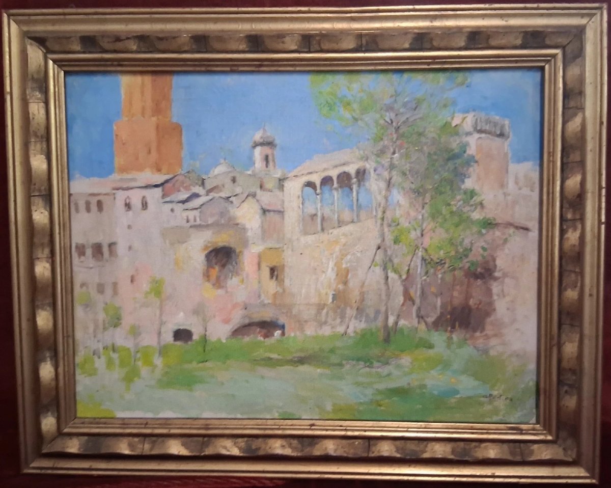 OLIO SU TELA VEDUTA DI ROMA TORRE DELLE MILIZIE - GIUSEPPE PASTINA (Andria 1863 - 1942)