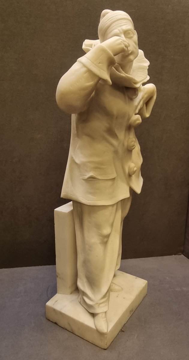 SCULTURA PIERROT IN MARMO STATUARIO - J. VAN DER KEMP - primi '900-photo-2