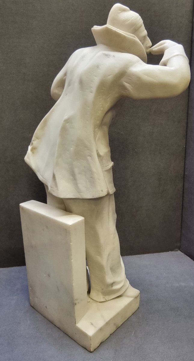 SCULTURA PIERROT IN MARMO STATUARIO - J. VAN DER KEMP - primi '900-photo-3