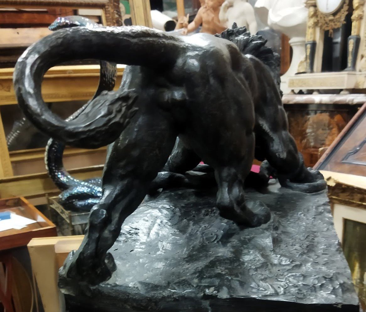 SCULTURA IN BRONZO SU BASE IN MARMO - LEONE CHE COMBATTE CON SERPENTE - seconda metà dell'800-photo-4