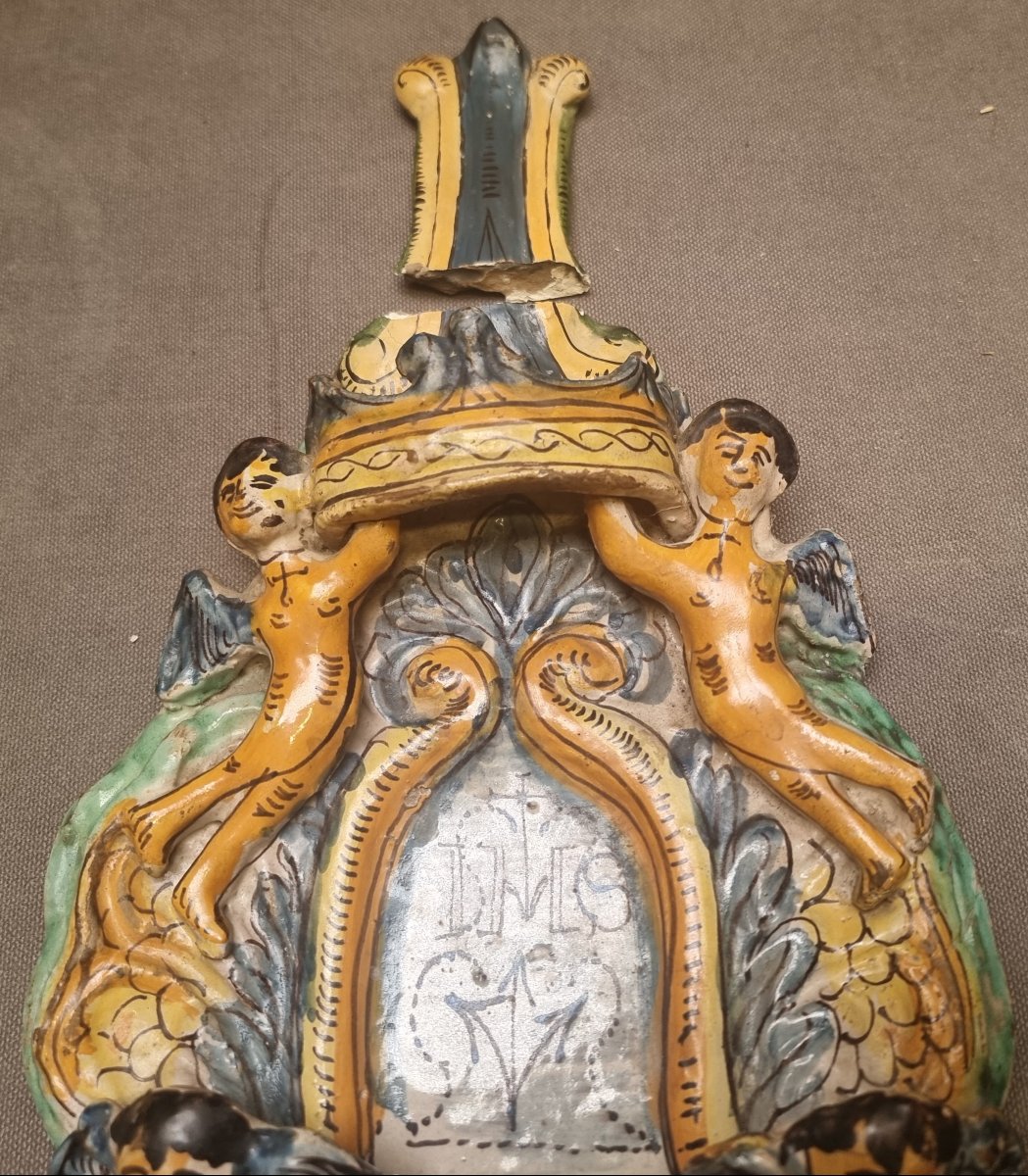 ACQUASANTIERA IN MAIOLICA - SECONDA META XVII SECOLO - ITALIA DEL SUD-photo-3