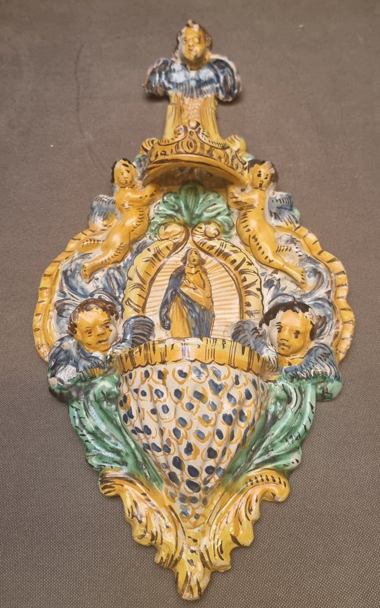 ACQUASANTIERA IN MAIOLICA - SECONDA META XVII SECOLO - ITALIA DEL SUD