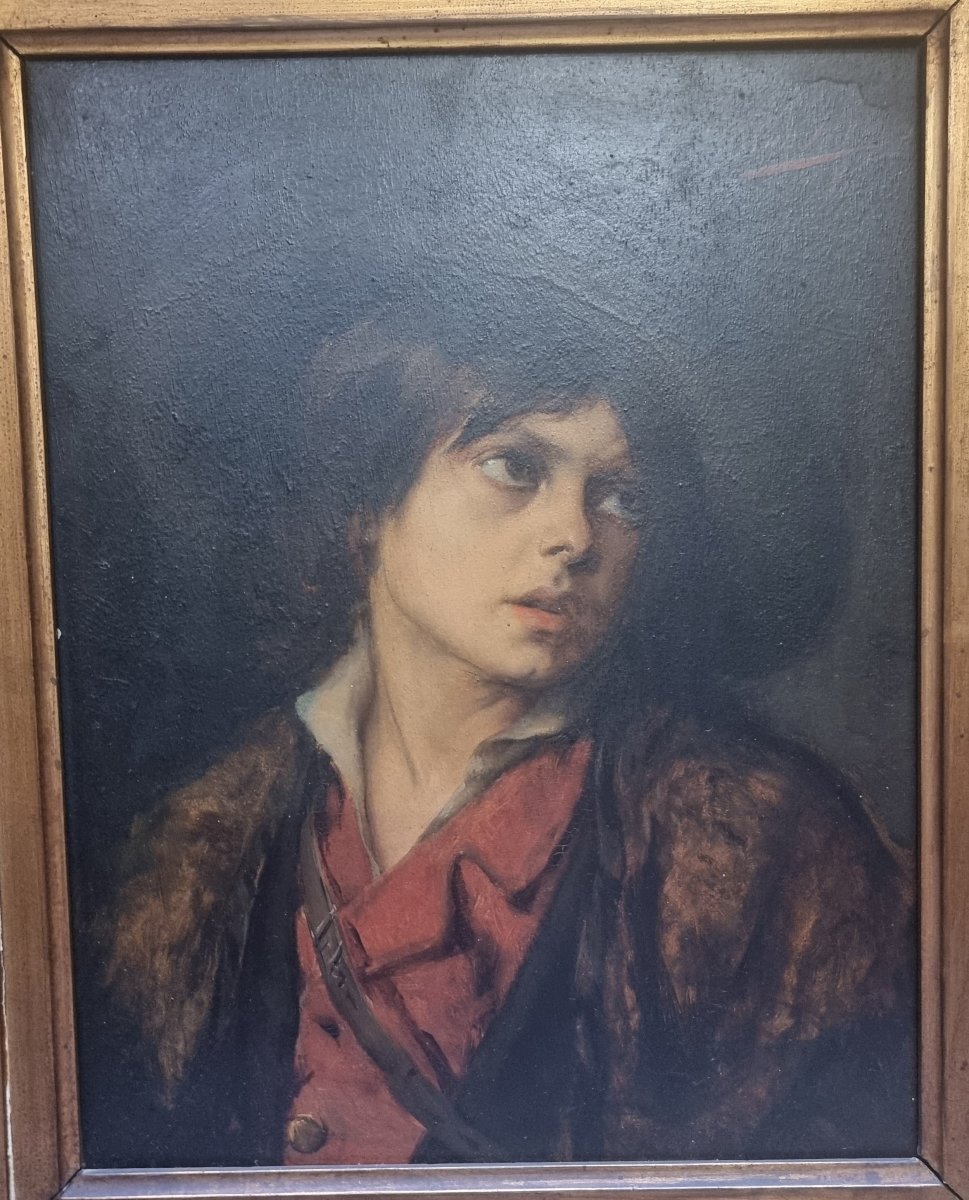 DIPINTO OLIO SU TAVOLA DI MOGANO - RITRATTO RAGAZZO "TRISTE EXILE" di LEON HERBO (1850-1907)-photo-2