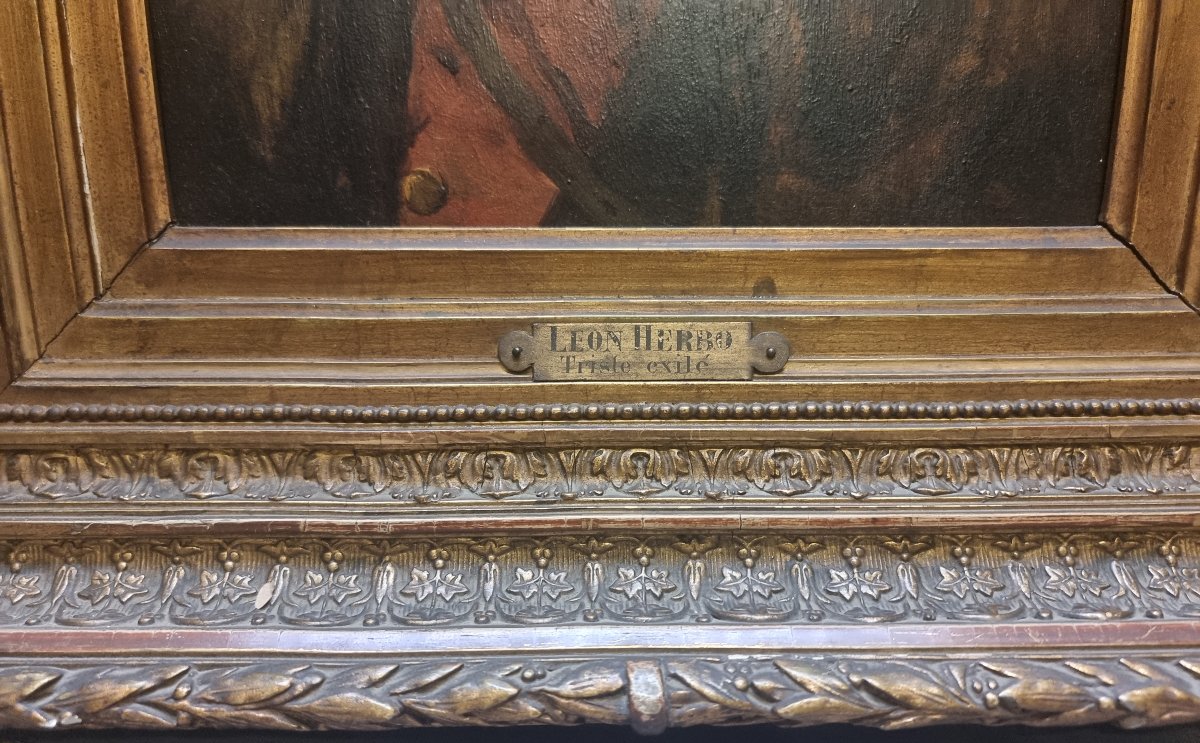 DIPINTO OLIO SU TAVOLA DI MOGANO - RITRATTO RAGAZZO "TRISTE EXILE" di LEON HERBO (1850-1907)-photo-3