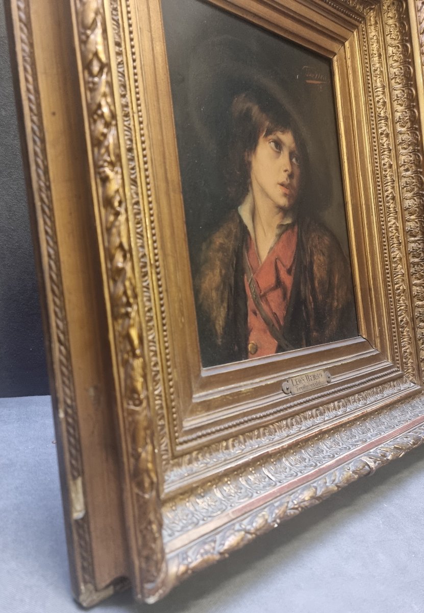 DIPINTO OLIO SU TAVOLA DI MOGANO - RITRATTO RAGAZZO "TRISTE EXILE" di LEON HERBO (1850-1907)-photo-1