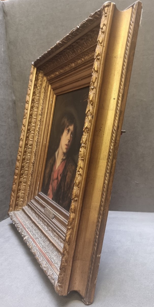DIPINTO OLIO SU TAVOLA DI MOGANO - RITRATTO RAGAZZO "TRISTE EXILE" di LEON HERBO (1850-1907)-photo-2
