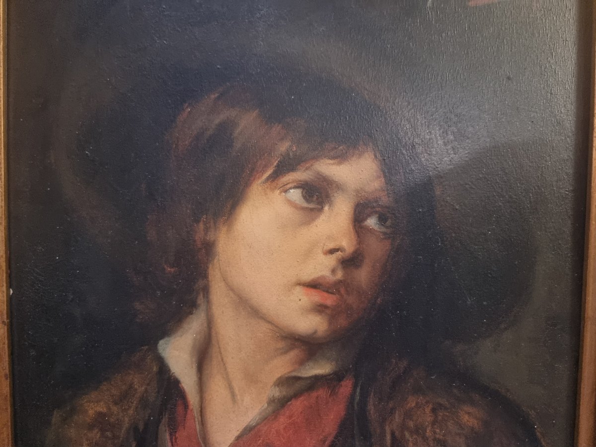 DIPINTO OLIO SU TAVOLA DI MOGANO - RITRATTO RAGAZZO "TRISTE EXILE" di LEON HERBO (1850-1907)-photo-5