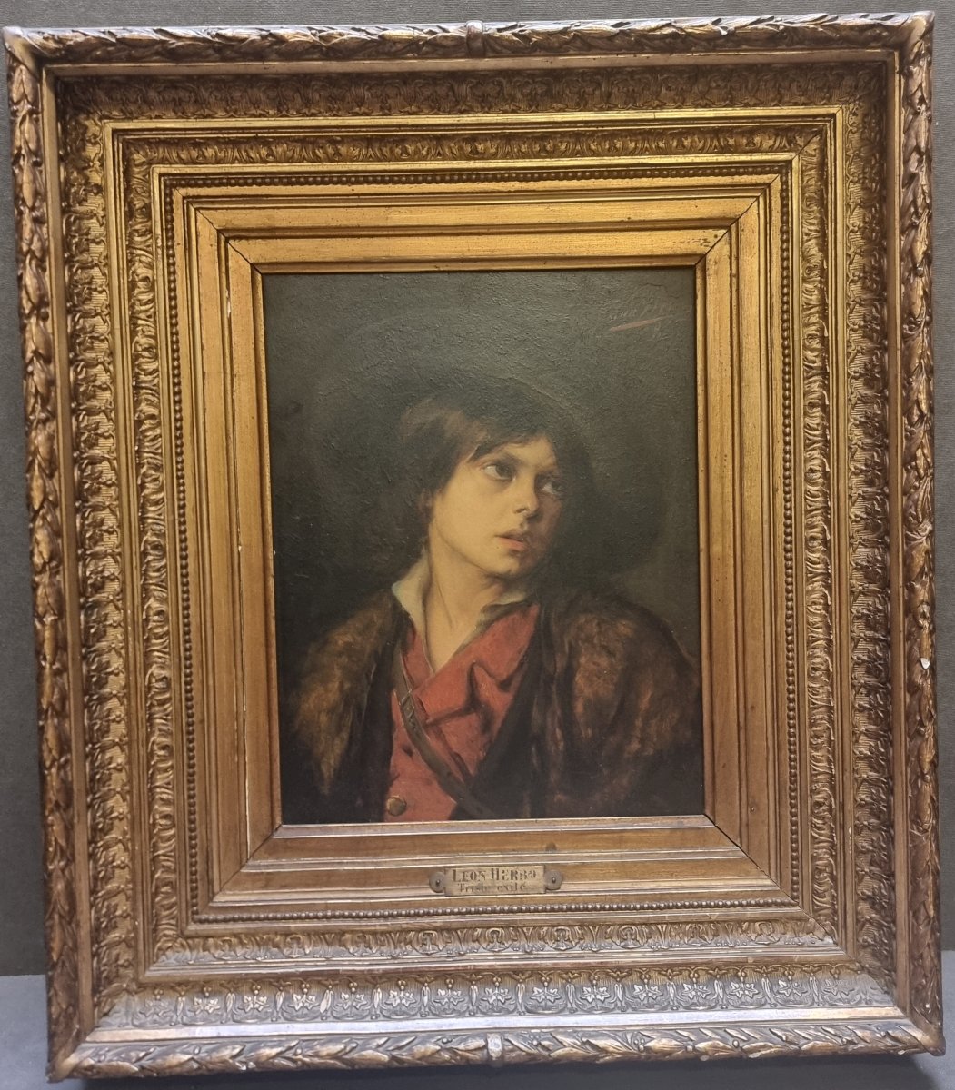 DIPINTO OLIO SU TAVOLA DI MOGANO - RITRATTO RAGAZZO "TRISTE EXILE" di LEON HERBO (1850-1907)