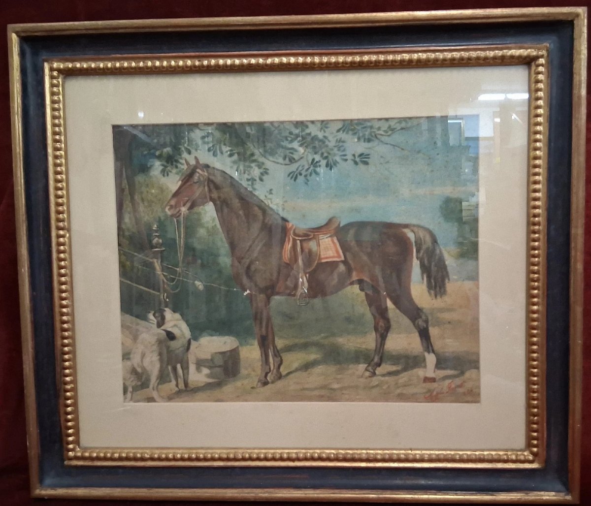 ACQUARELLO SU CARTA CAVALLO CON CANE - ADELE FERRETTI 1894