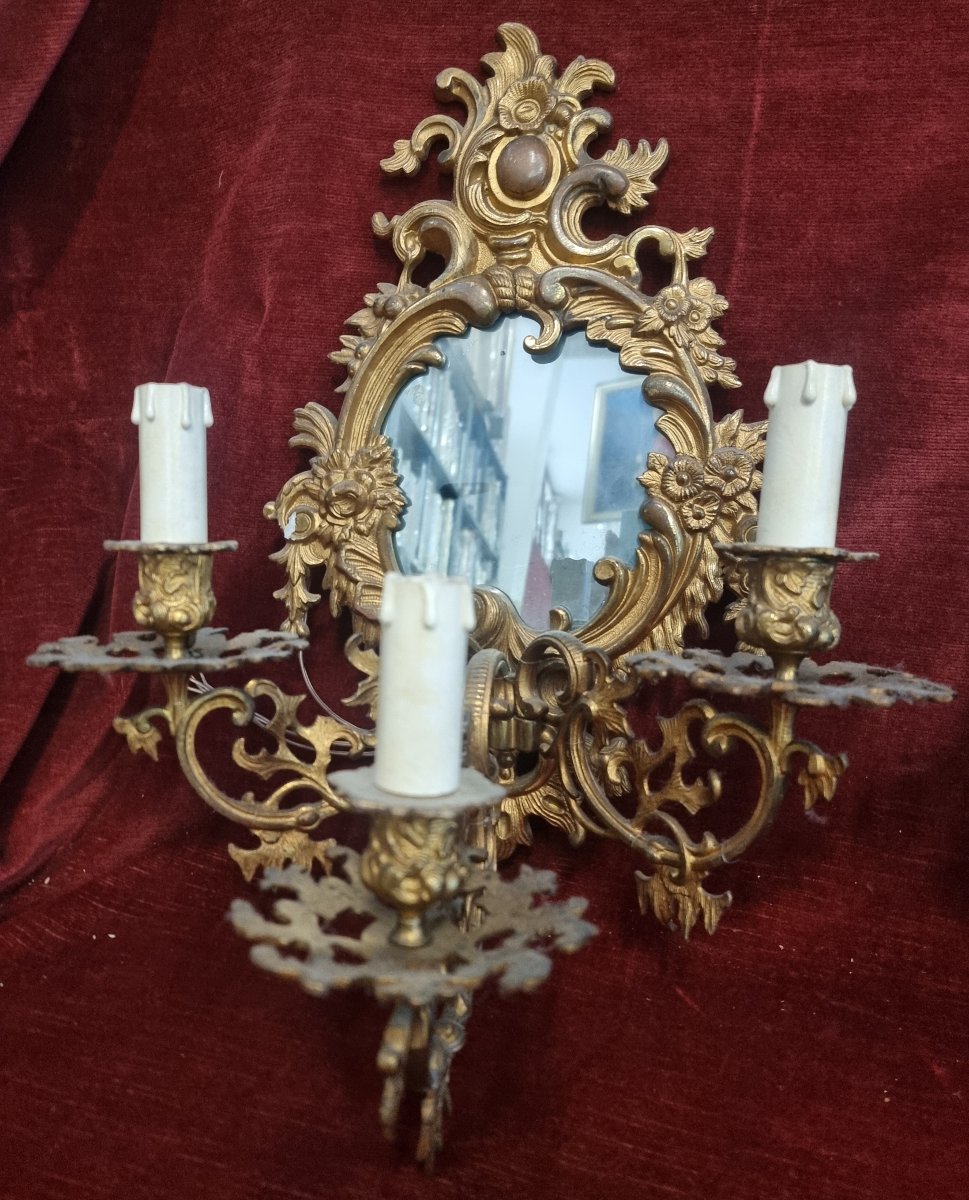 COPPIA APPLIQUES IN BRONZO DORATO CON SPECCHI - primi '900-photo-2