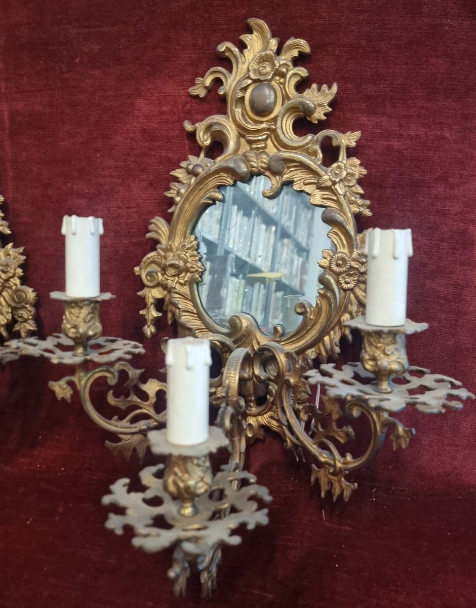 COPPIA APPLIQUES IN BRONZO DORATO CON SPECCHI - primi '900-photo-3
