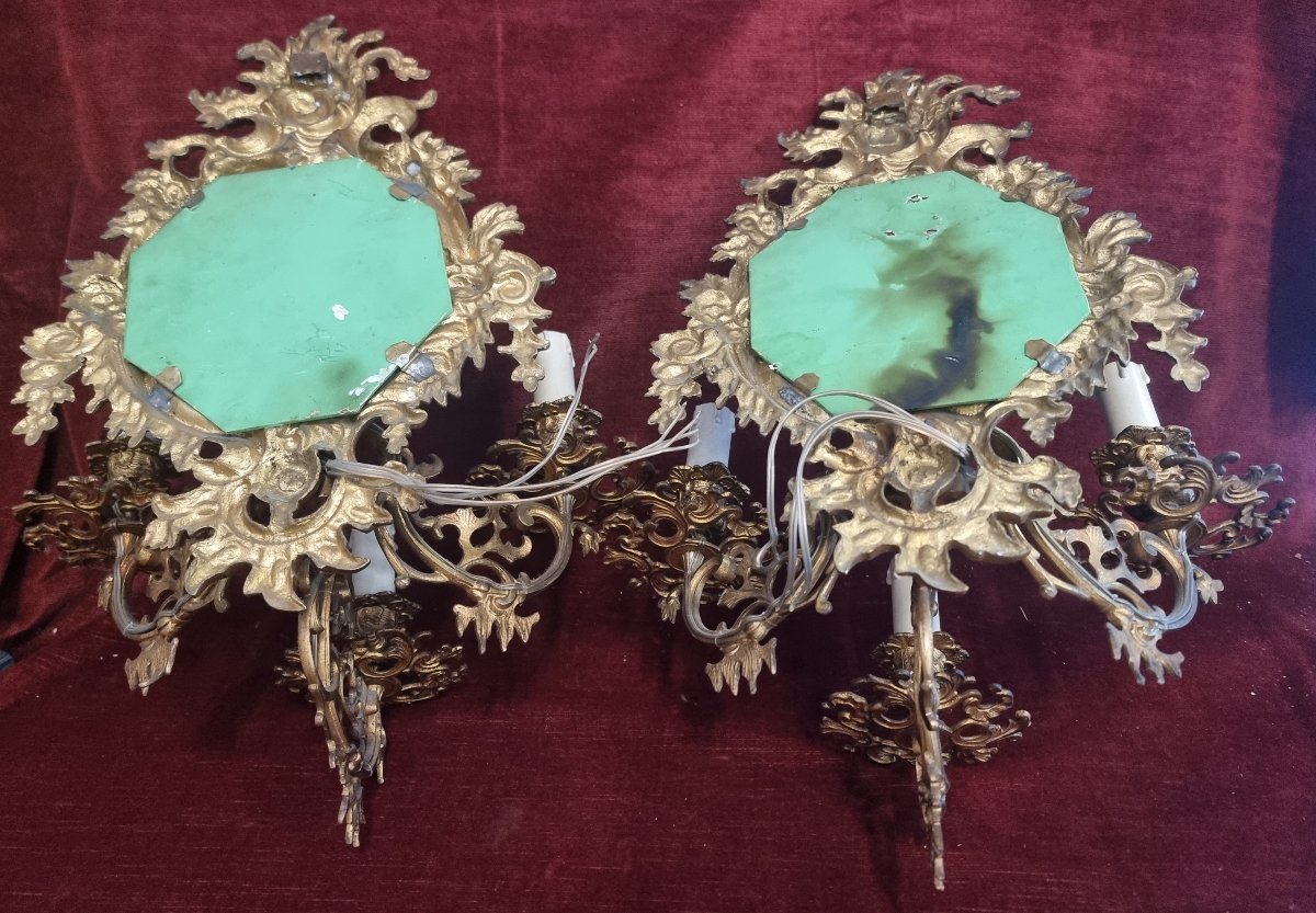 COPPIA APPLIQUES IN BRONZO DORATO CON SPECCHI - primi '900-photo-4