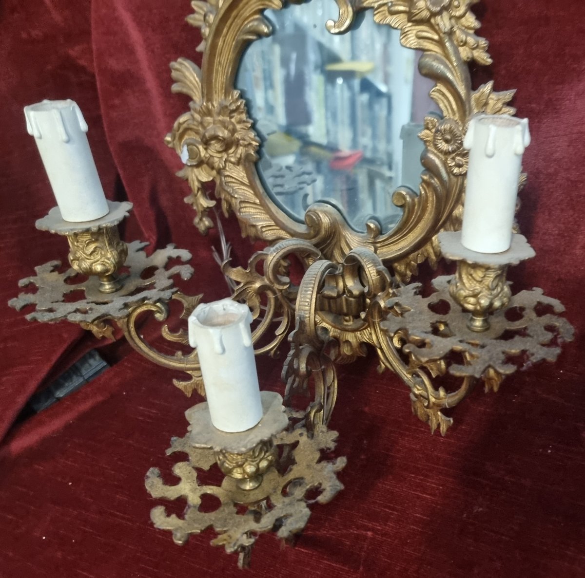 COPPIA APPLIQUES IN BRONZO DORATO CON SPECCHI - primi '900-photo-2