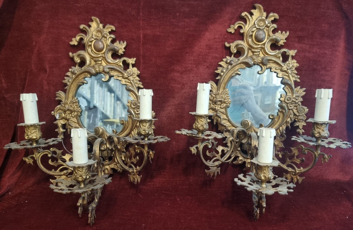 COPPIA APPLIQUES IN BRONZO DORATO CON SPECCHI - primi '900