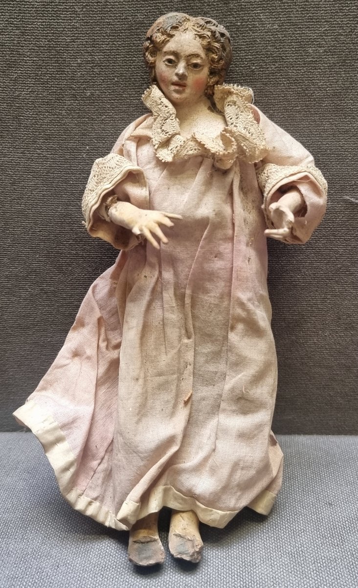 PRESEPE NAPOLETANO - STATUINA RAGAZZA - TESTA IN TERACCOTA con OCCHI DI VETRO -  Metà '800