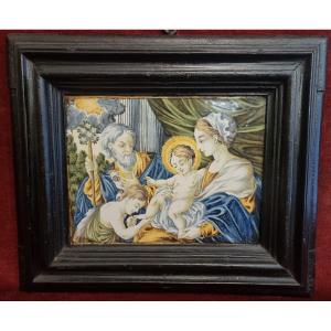 MATTONELLA DIPINTA - CASTELLI - XVIII SECOLO - SACRA FAMIGLIA - CORNICE COEVA