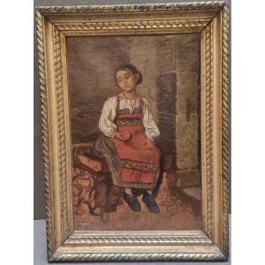 Dipinto olio su tela ragazza romana seduta - Georg von Rosen (1843-1923)