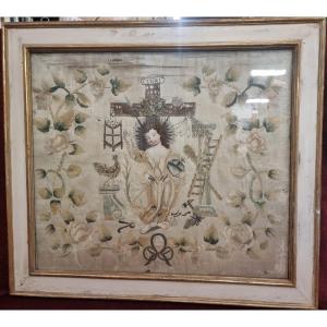 TESSUTO RICAMATO RAFFIGURANTE GESU CON GLI STRUMENTI DELLA PASSIONE - XIX secolo