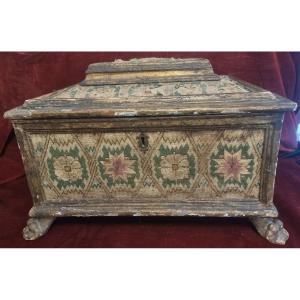 CASSETTA PORTAGIOIE IN LEGNO LACCATO, DORATO TESSUTO - VENEZIA XVI SECOLO