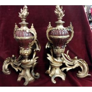 COPPIA ALARI PER CAMINO  in BRONZO e MARMO ROSSO DI FRANCIA -NAPOLEONE III